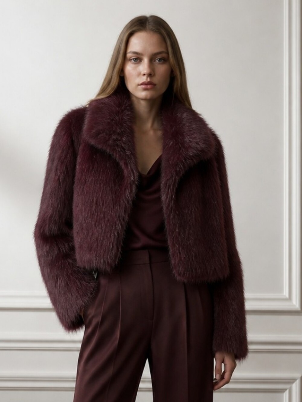 Plush Faux Fur Jacket in Wine Women's Size Large